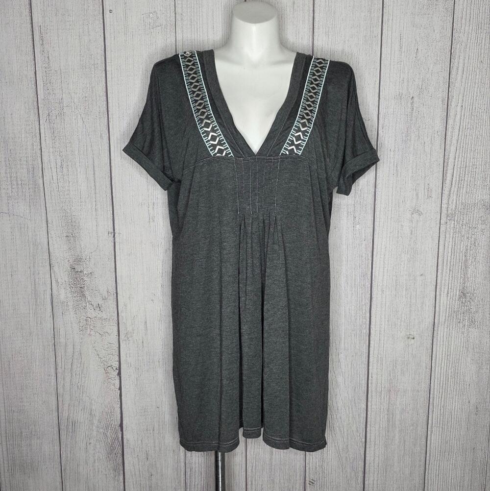 Cruel Denim Charcoal Gray Deep V Side Slit Tunic Top L/XL Southwest Trim Boho